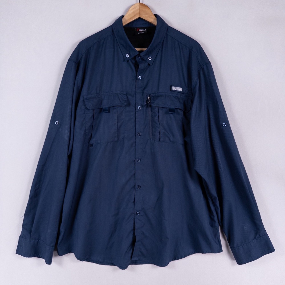 Pudolla Fishing Shirt Mens XL Navy Blue Roll Tab Sleeve Vented Lightweight